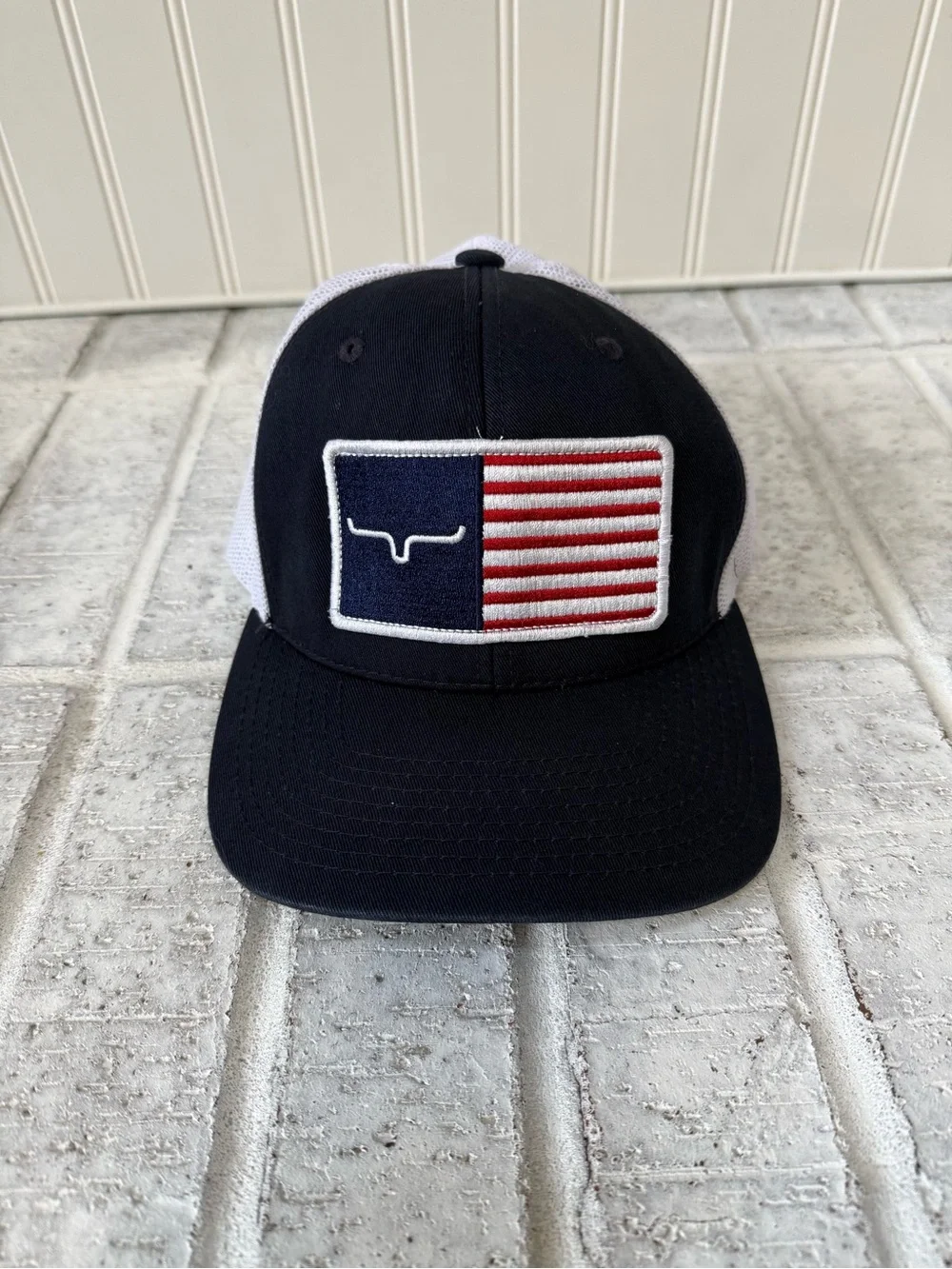 Kimes Ranch American Flag Longhorn Trucker Hat Navy White Mesh Snapback